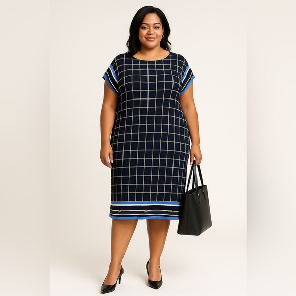 MICHAEL Michael Kors Dresses & Skirts - Michael Michael Kors Dress 2X Navy Chain Grid Print Shift Midi NWT